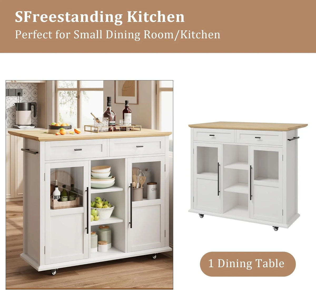 WALYWIK Foldable Kitchen Island Cart with Wheels, 2 Glass Doors, Spice Rack & Towel Holder �C Compact Mobile Storage Cart for Small Kitchens, Dining Rooms, Camping & RVs - Grey