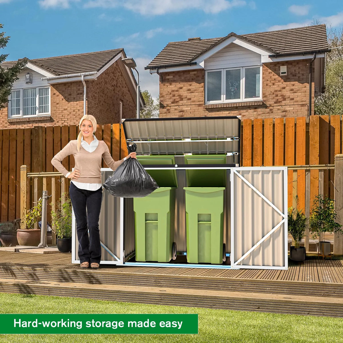 AECOJOY 46 Cu ft. Outdoor Horizontal Storage Shed Wastebasket Enclosure Container Metal Garbarge Shed in White