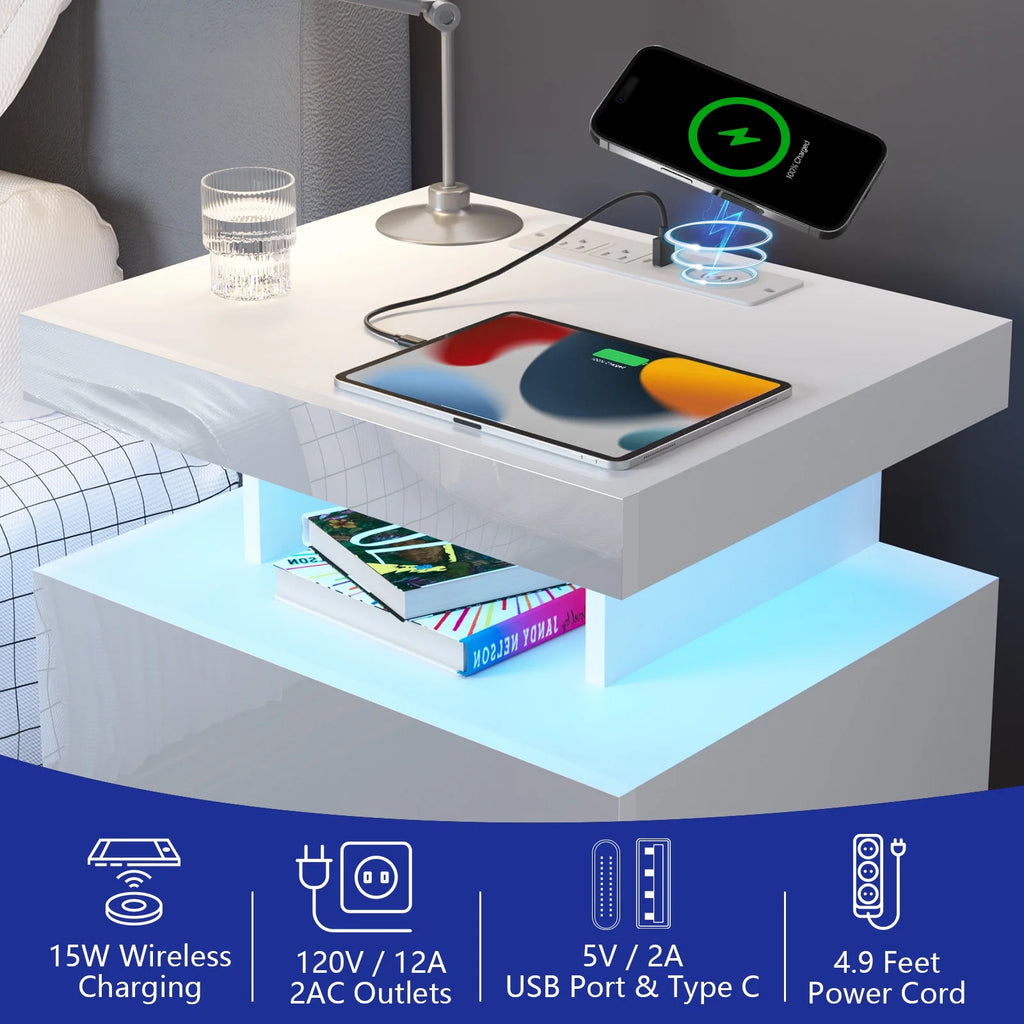 Hommpa LED Nightstand with Wireless Charging Station Modern Nightstand Type C USB Port 2 Drawers Bedside Table Black Smart Night Table High Gloss End Side Table for Bedroom Furniture 22.3" Tall
