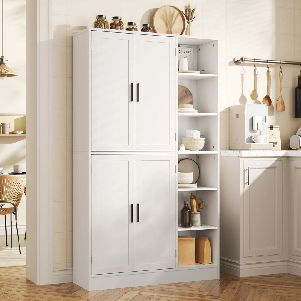 63" Tall Kitchen Pantry, Kitchen Pantry Cabinet with 4 Doors and Adjustable Shelves, Storage Cabinet for Dining Room, Laundry Room, Oak