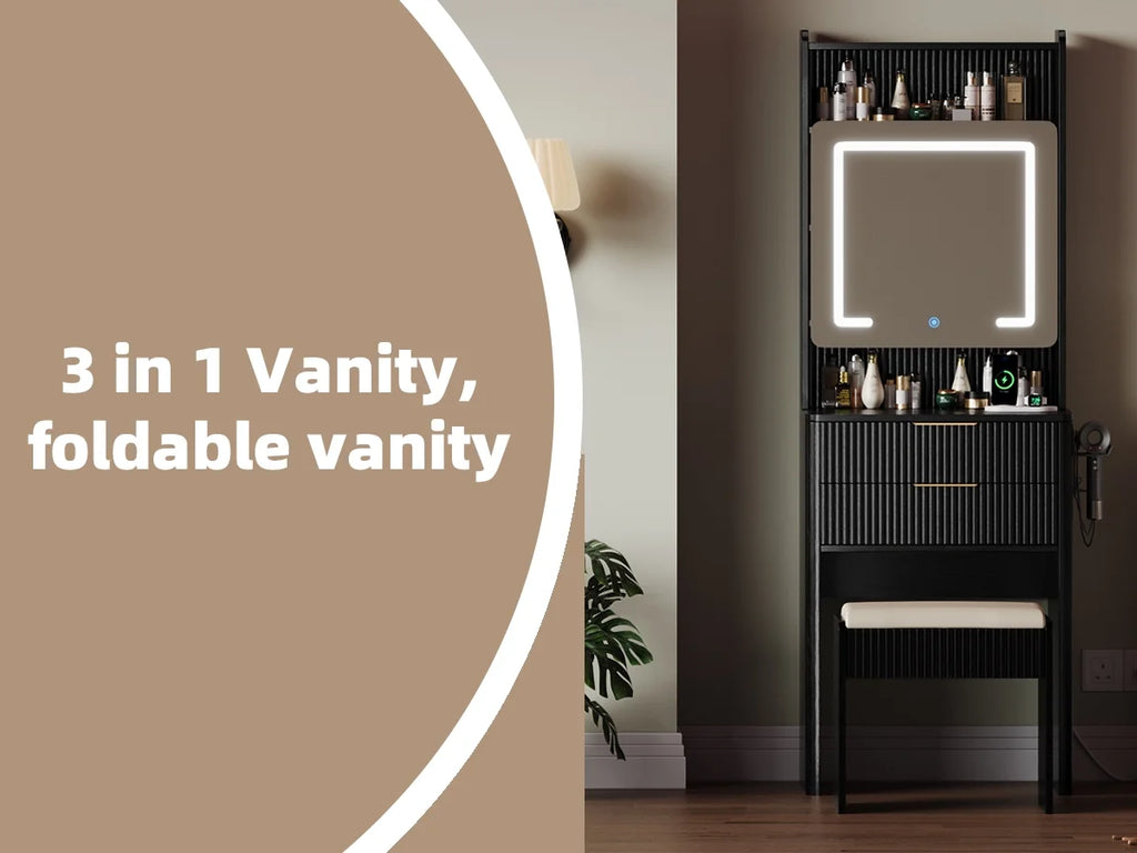 UGTOO 45.2" Modern Vanity Desk with LED Mirror & USB Charging, Wood Makeup Dressing Table with 7 Drawers for Bedroom