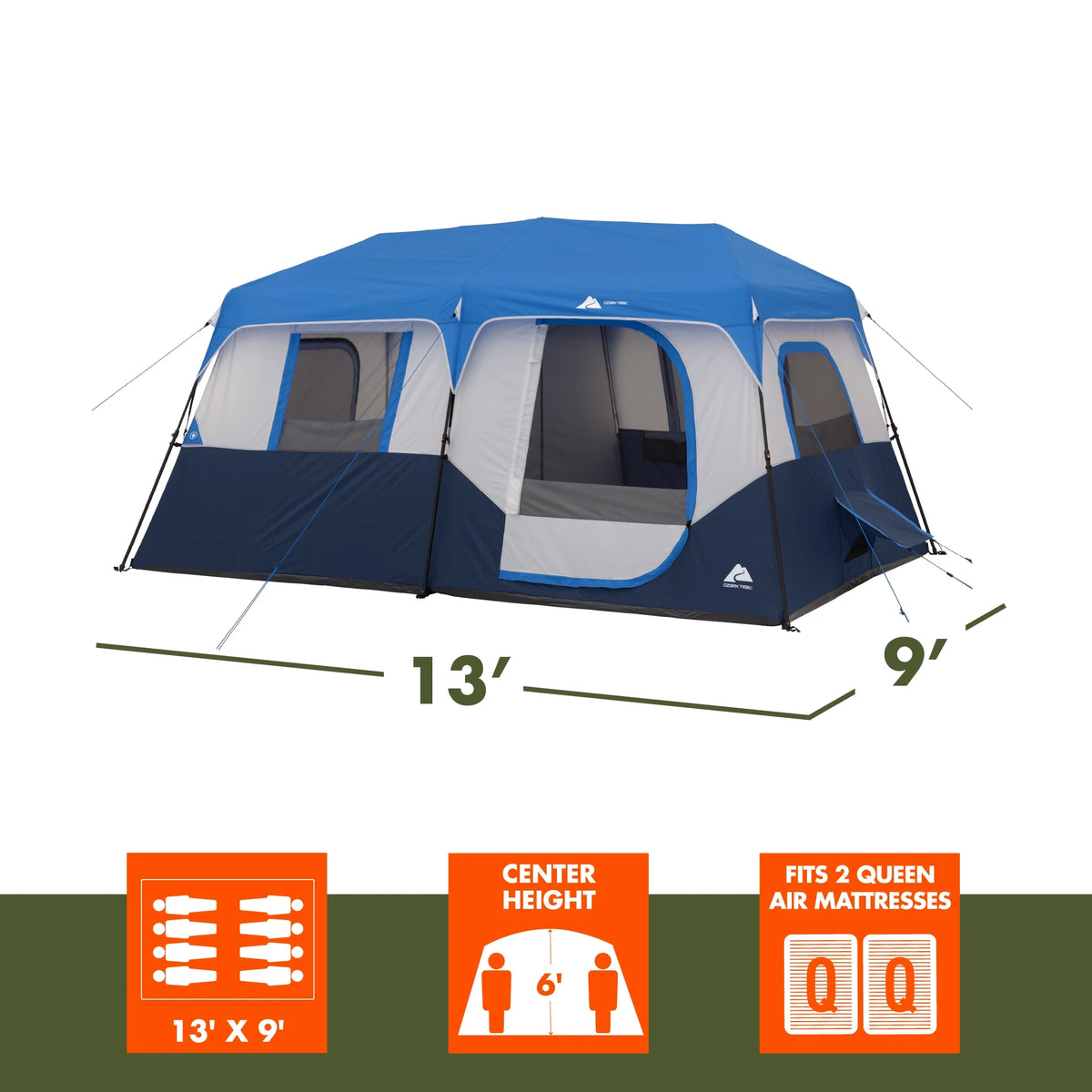 Ozark Trail 13' x 9' 8-Person Cabin Tent with LED Lighted Poles, 32 lbs