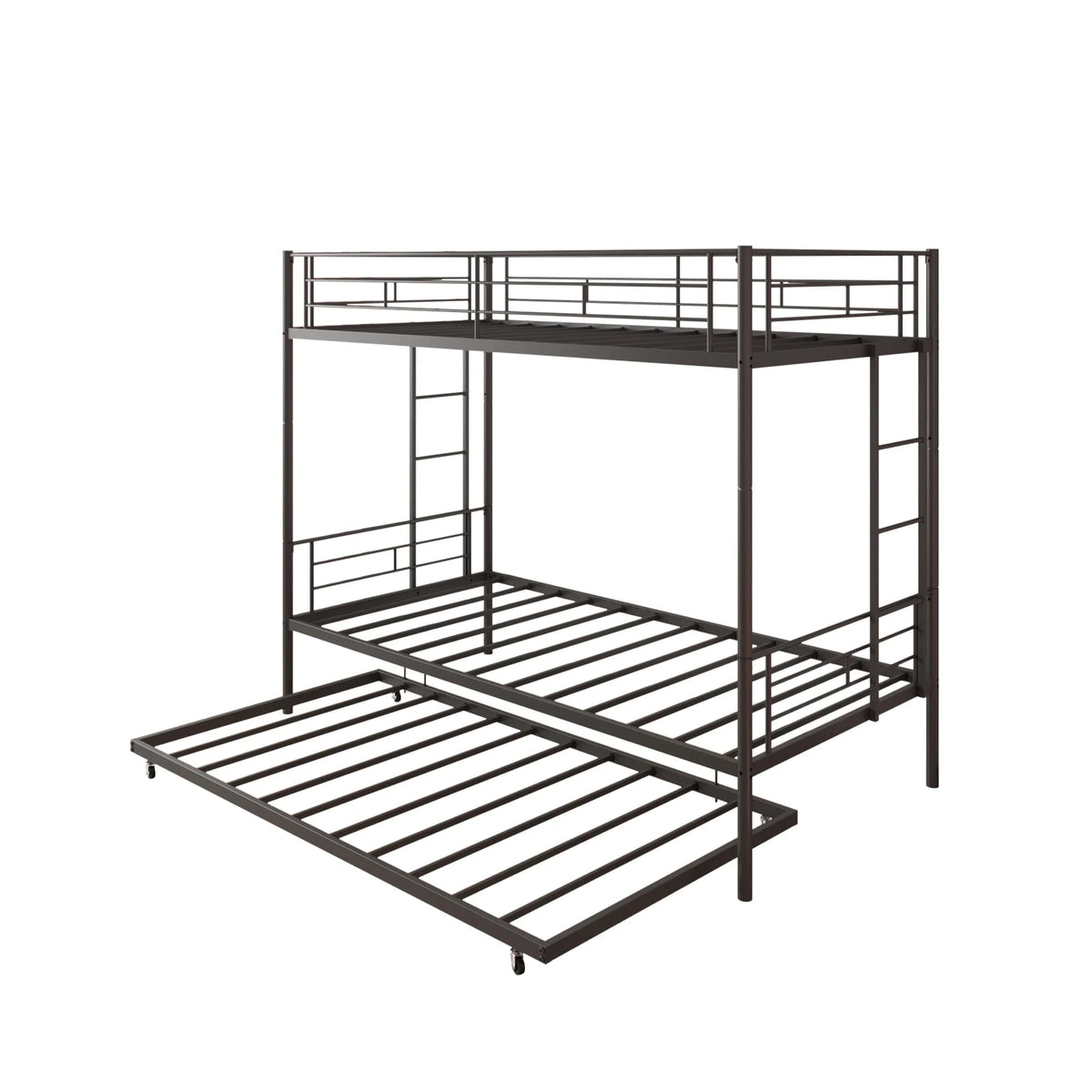Seizeen Bunk Bed Twin Over Twin Size, Metal Triple Bunk Bed with Trundle, Black Heavy Duty Bunk Bed Frame Per Bed Up to 400LBS, 2 Side Ladders and All-round Safety Guard Rails
