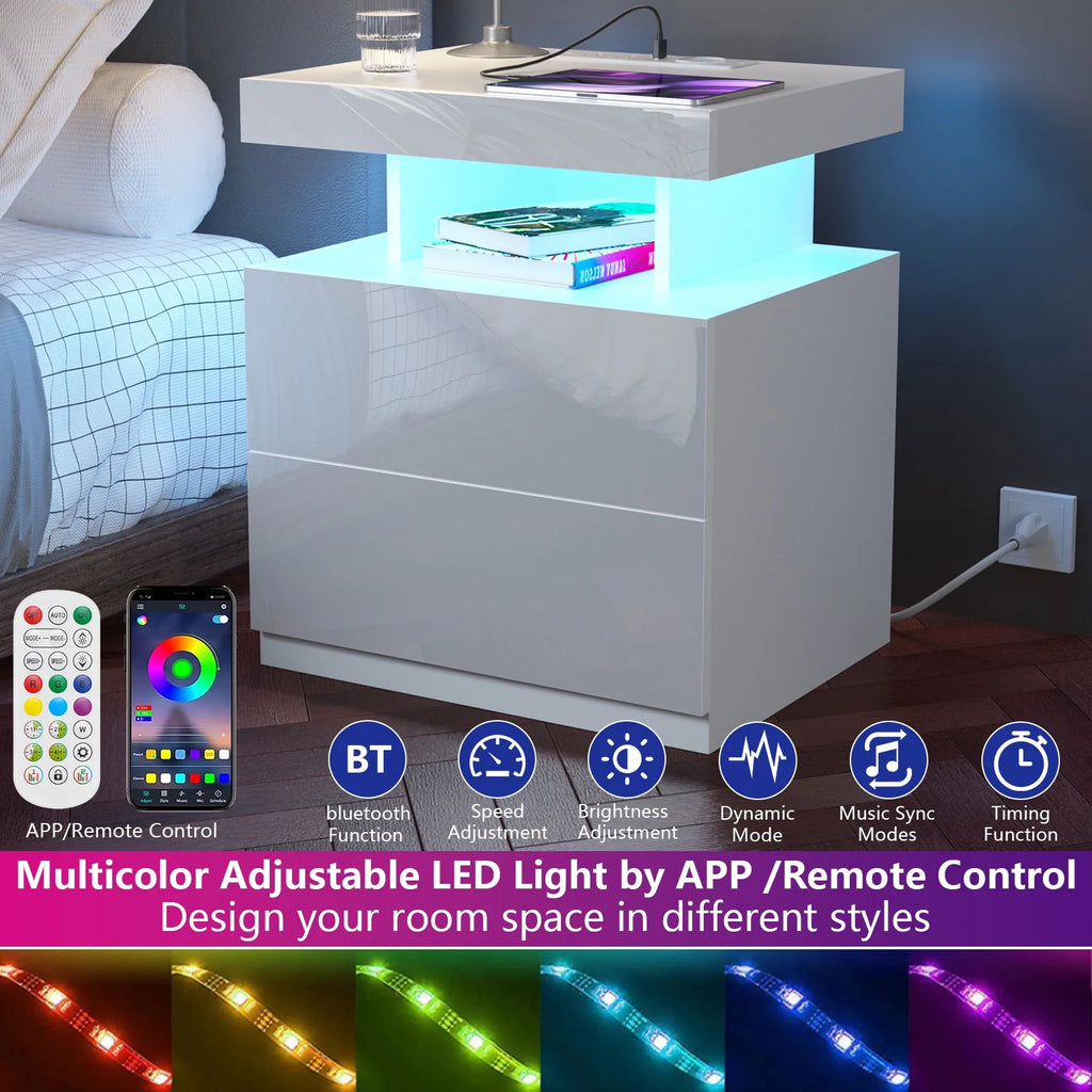 Hommpa LED Nightstand with Wireless Charging Station Modern Nightstand Type C USB Port 2 Drawers Bedside Table Black Smart Night Table High Gloss End Side Table for Bedroom Furniture 22.3" Tall