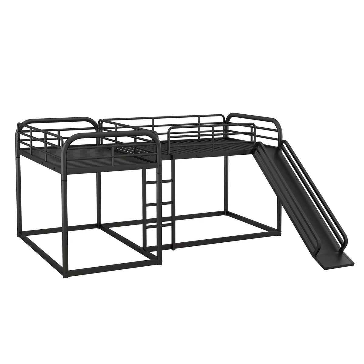 Full and Twin Size L-Shaped Quadruple Metal Bunk Bed with Slide for Kids, Black