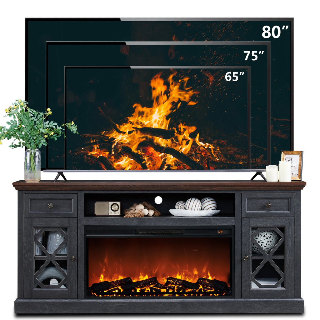 SinCiDo Farmhouse Fireplace TV Stand 75 Inch, Electric Fireplace TV Stand Up to 80 Inch TVs, Entertainment Center with Fireplace for Living Room