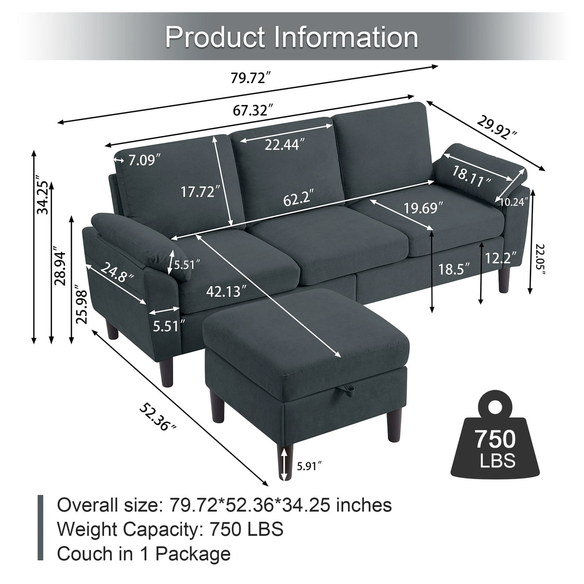 Pingliang Home Sectional Sofa Couch with Storage Ottoman,Modern 3 Seat L Shaped Sofa Couch for Living Room Apartment Studio Office