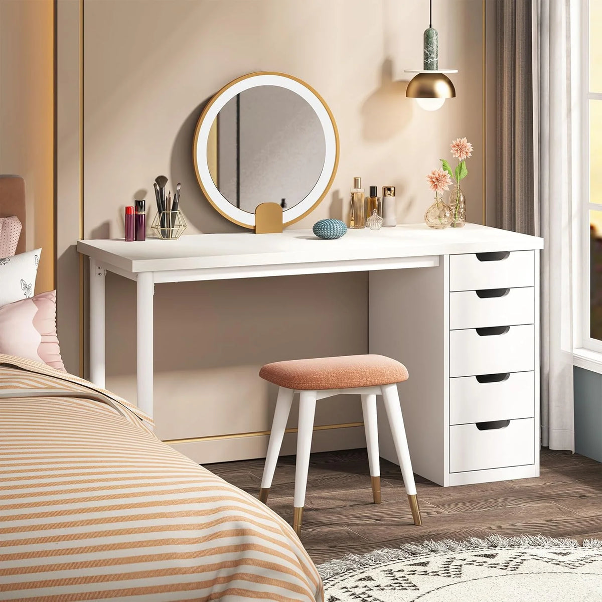 Tribesigns 47 inches Vanity Desk with 5 Drawers, Rustic Makeup Dressing Table with Storage, Modern Simple Computer Desk for Women, Girls (Brown)