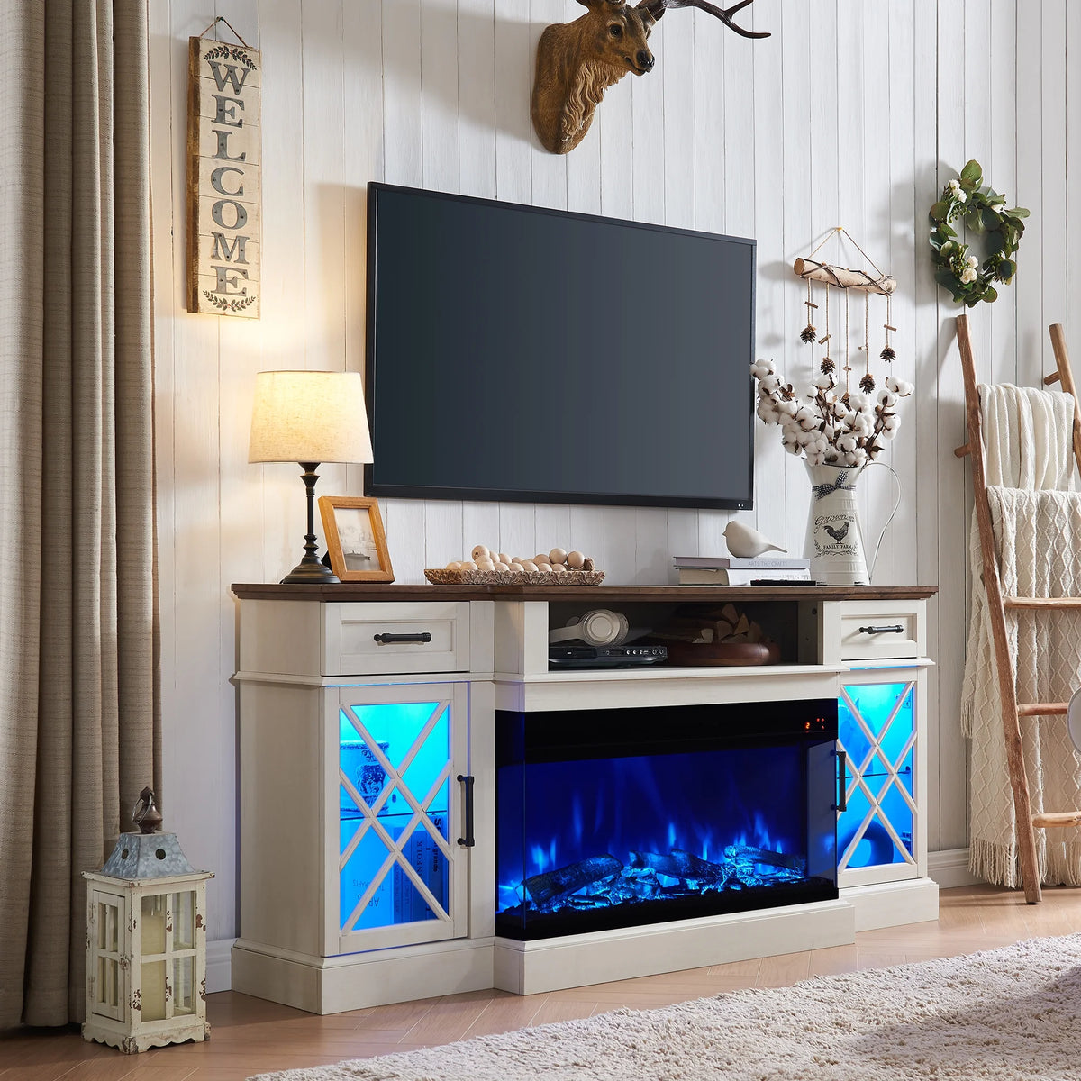 OKD Farmhouse 3-Sided Fireplace TV Stand for 80" TVs, 70" Entertainment Center with Electric Fireplace and Storage Drawers, Antique White