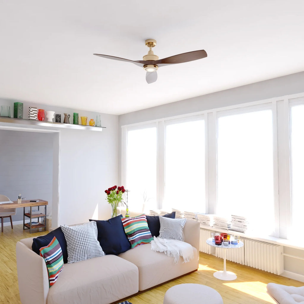Vaxcel Curtiss Satin Brass Mid-Century Modern MCM Wood Propeller Ceiling Fan with LED Light Kit and Remote