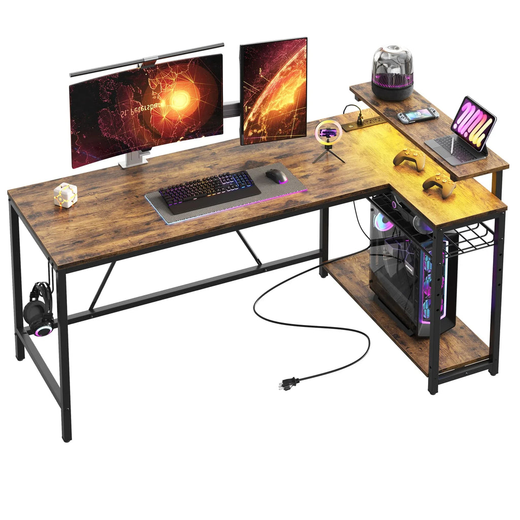 Bestier 52" Gaming Desk with LED Lights L Shaped Desk with Power Outlet & Monitor Stand Corner Computer Desk in Carbon Fiber
