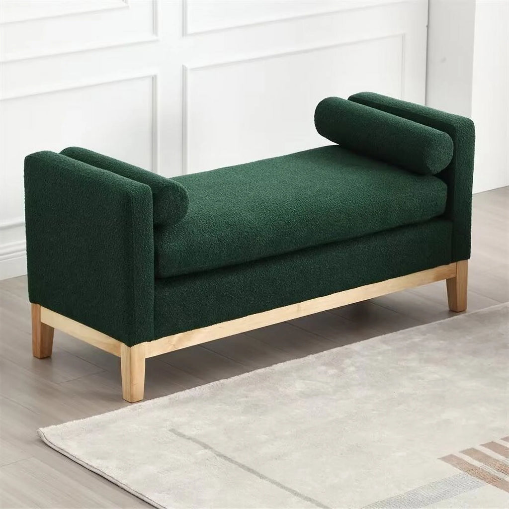 End of Bed Bench, 53.5" Boucle Fabric Upholstered Entryway Bench with Wood Legs & Bolster Pillows, Rolled Arm Cushioned Ottoman Foot Rest Long Stool Window Extra Seating for Bedroom, Ivory