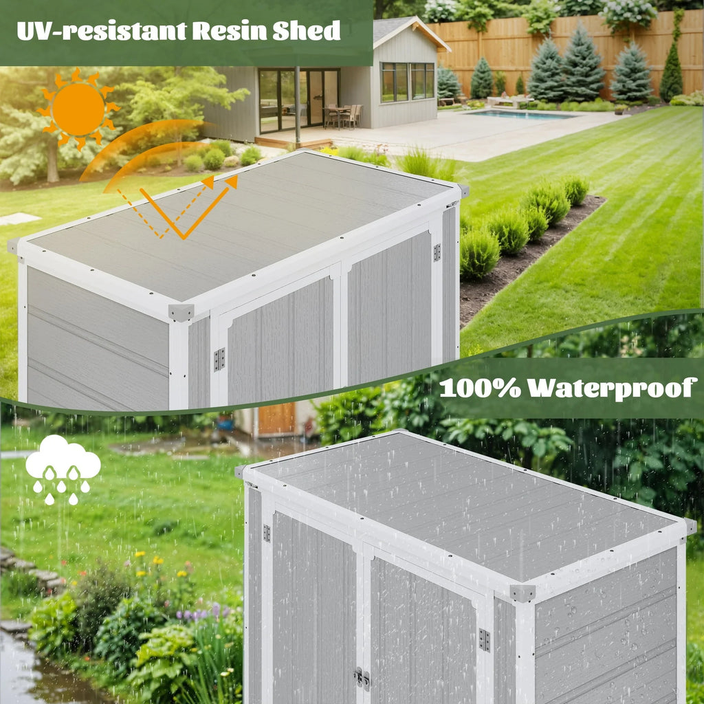 5'��3' Outdoor Storage Shed, Resin Storage Cabinet, Garden Tool Shed with Double Lockable Doors, Organizer Cabinet for Patio Yard, Gray