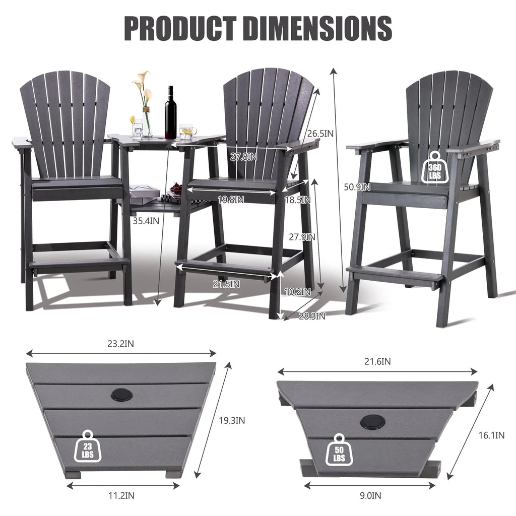 Tall Adirondack Chairs Set of 2，Outdoor Adirondack Barstools with Double Connecting Tray Patio Stools Weather Resistant for Outdoor Deck Lawn Pool Backyard,Grey