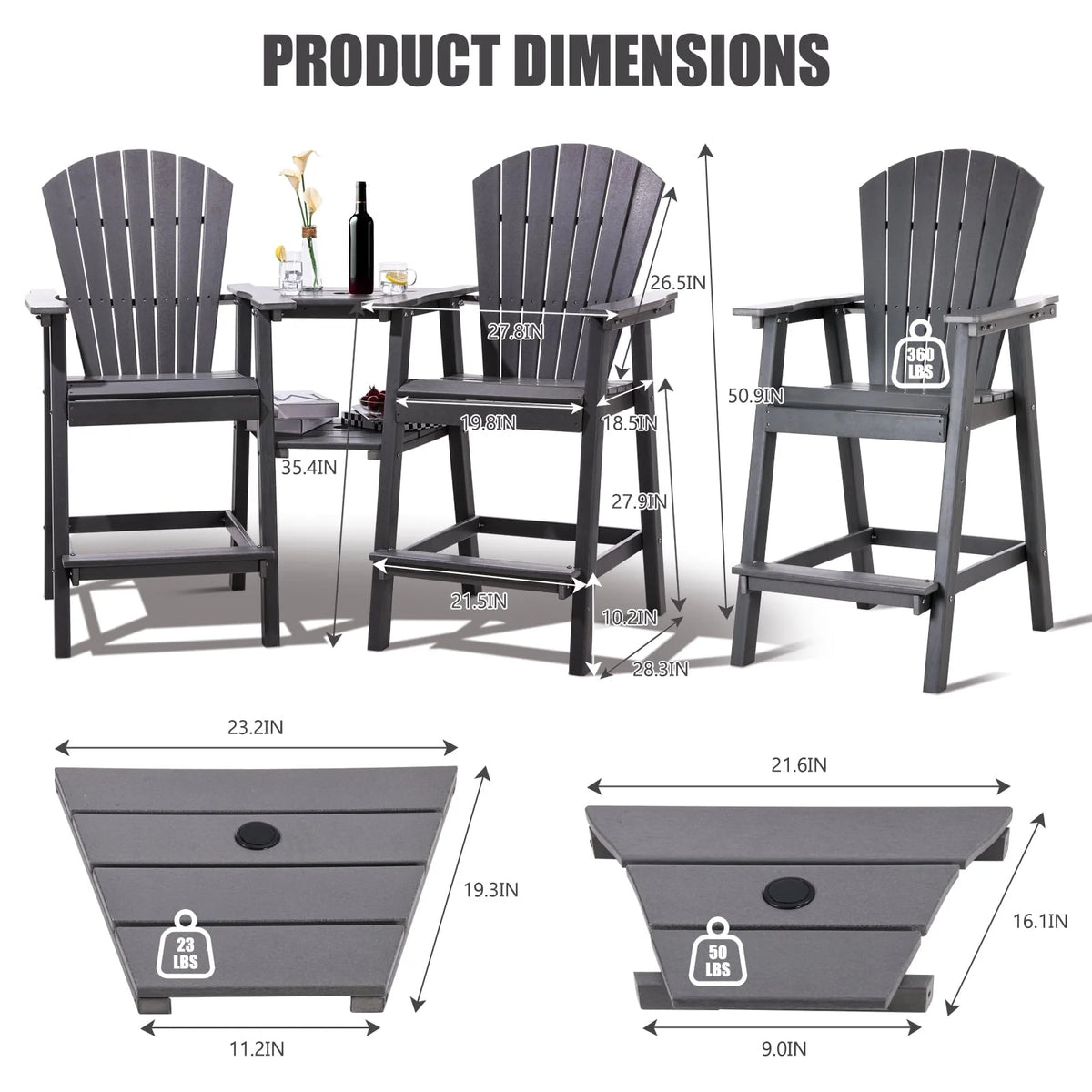Tall Adirondack Chairs Set of 2，Outdoor Adirondack Barstools with Double Connecting Tray Patio Stools Weather Resistant for Outdoor Deck Lawn Pool Backyard,Grey