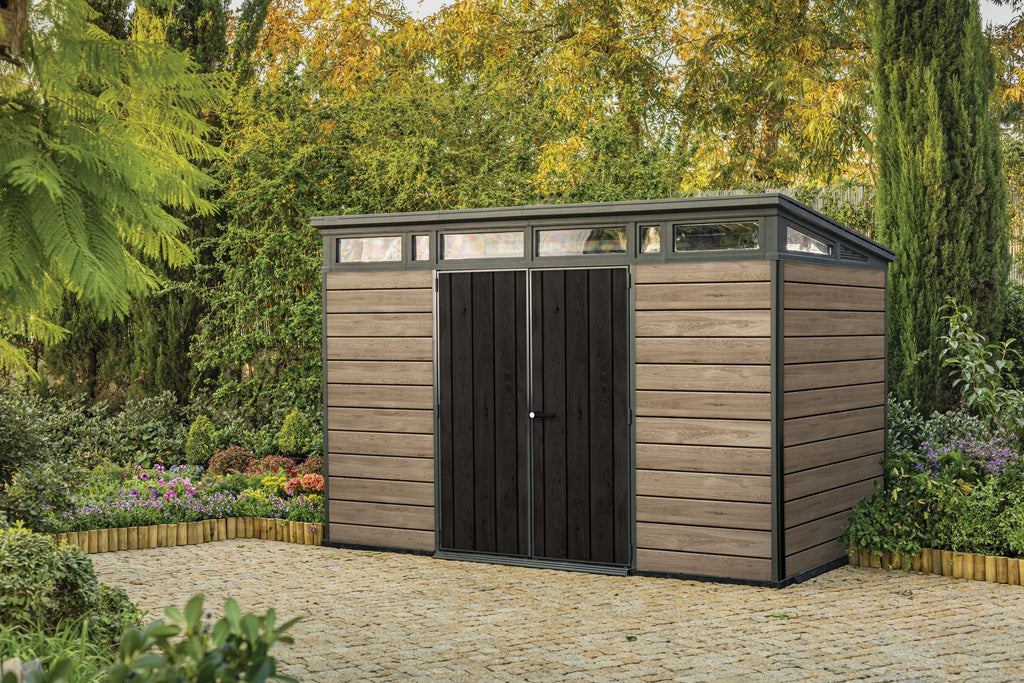 Keter Signature 11x7 ft. Durable Resin Outdoor Storage Shed With Heavy Duty Floor and Locking Door, Walnut