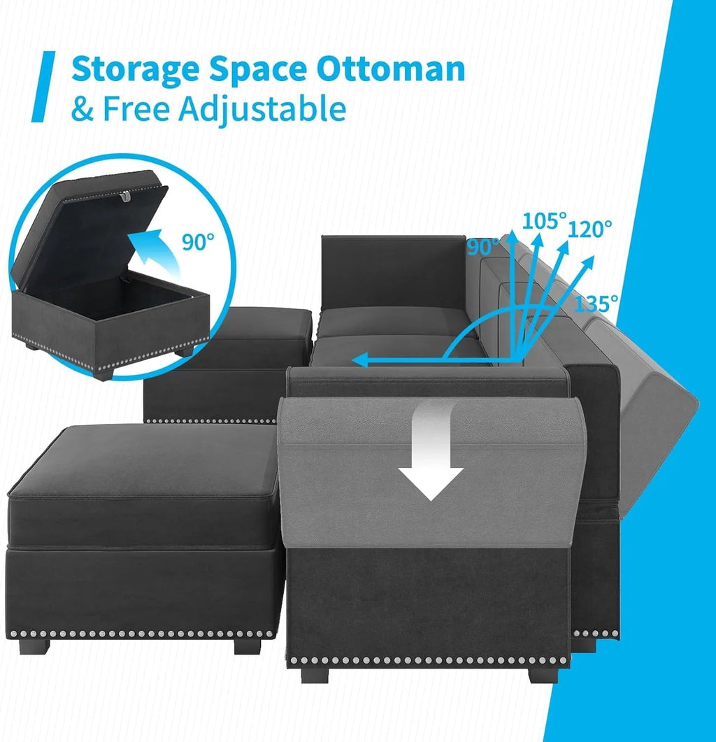 Mjkone Modular Sectional Sofa with Adjustable Armrest and Backrest for Living Room，U/L  Shaped Couch 8 Seater Convertible Sectional Couch with Storage Ottoman for Living Room,Dark Grey