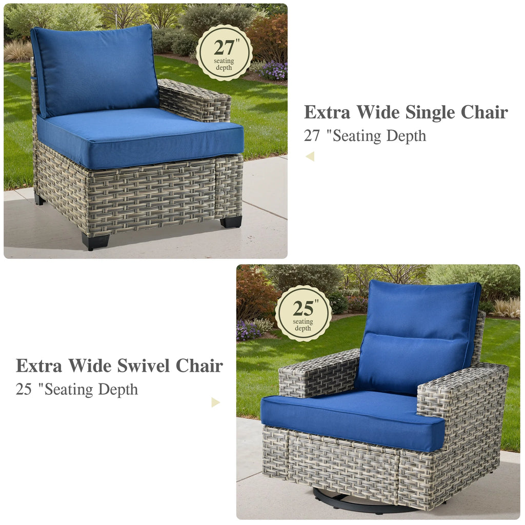 Ovios 10 Pieces Outdoor Patio Furniture Modern High-Back All-Weather Wicker Sectional Conversation Set with Propane Fire Pit Table & Swivel Chair, Dark Gray