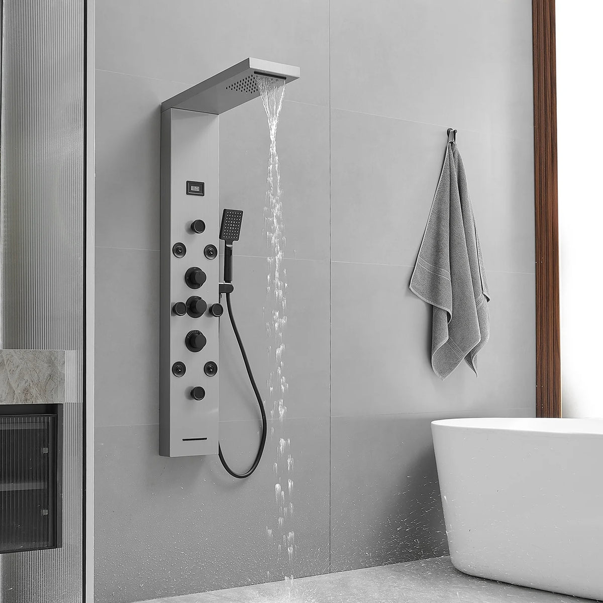 8-Jet Rainfall Shower Panel System with Rainfall Waterfall Shower Head and Shower Wand in chrome Nickel