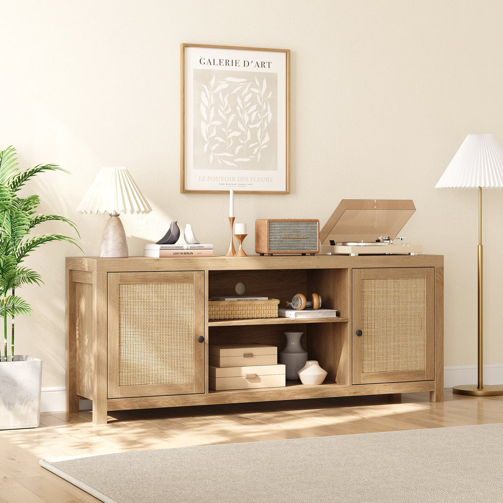 Rattan TV Stand for 65 Inch, Boho Entertainment Center with Storage and Doors, Wood TV & Media Console Under TV Cabinet Furniture for Living Room