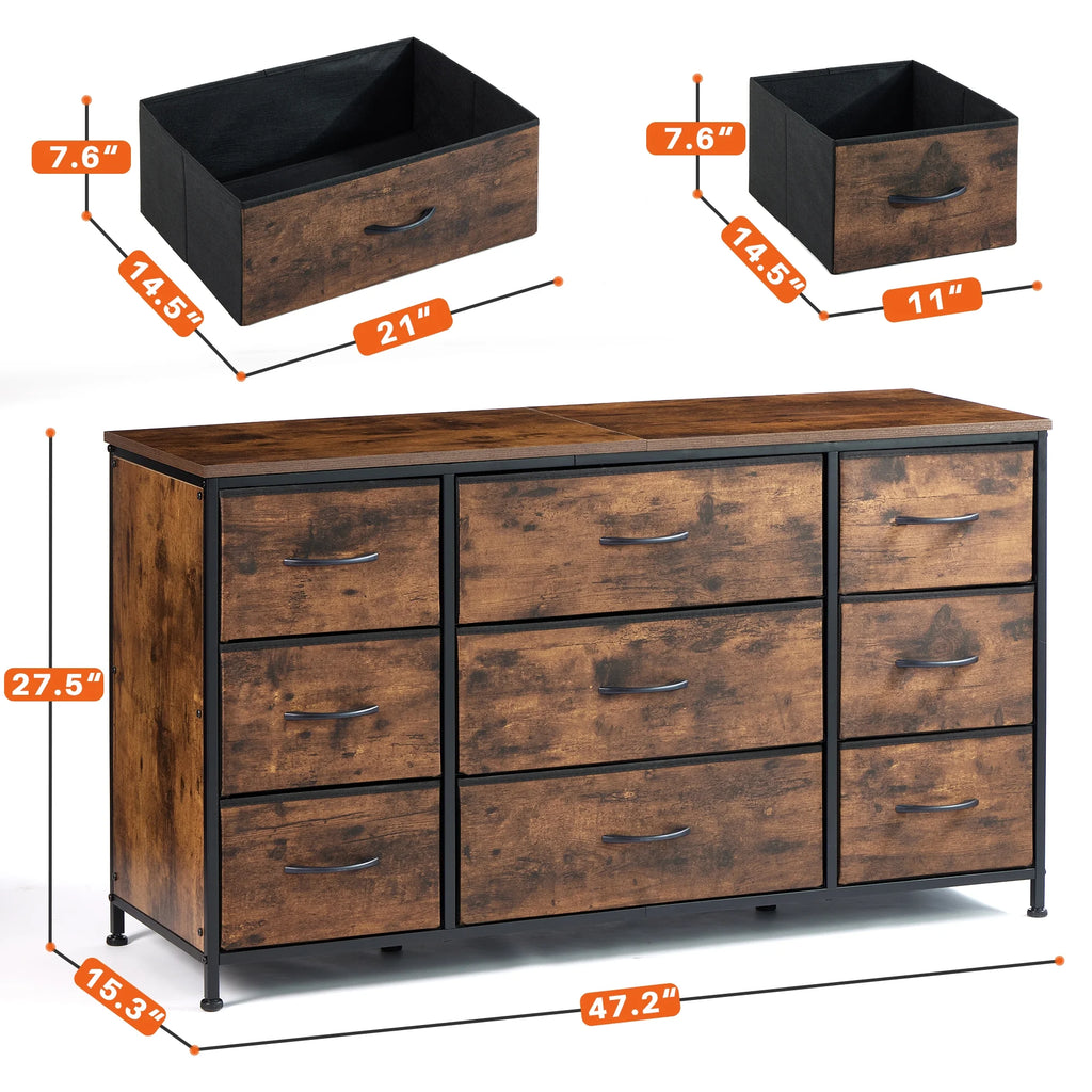 Wide Dresser TV Stand with 9 Drawers Dresser for Bedroom Chests of Drawers for Living Room, Black