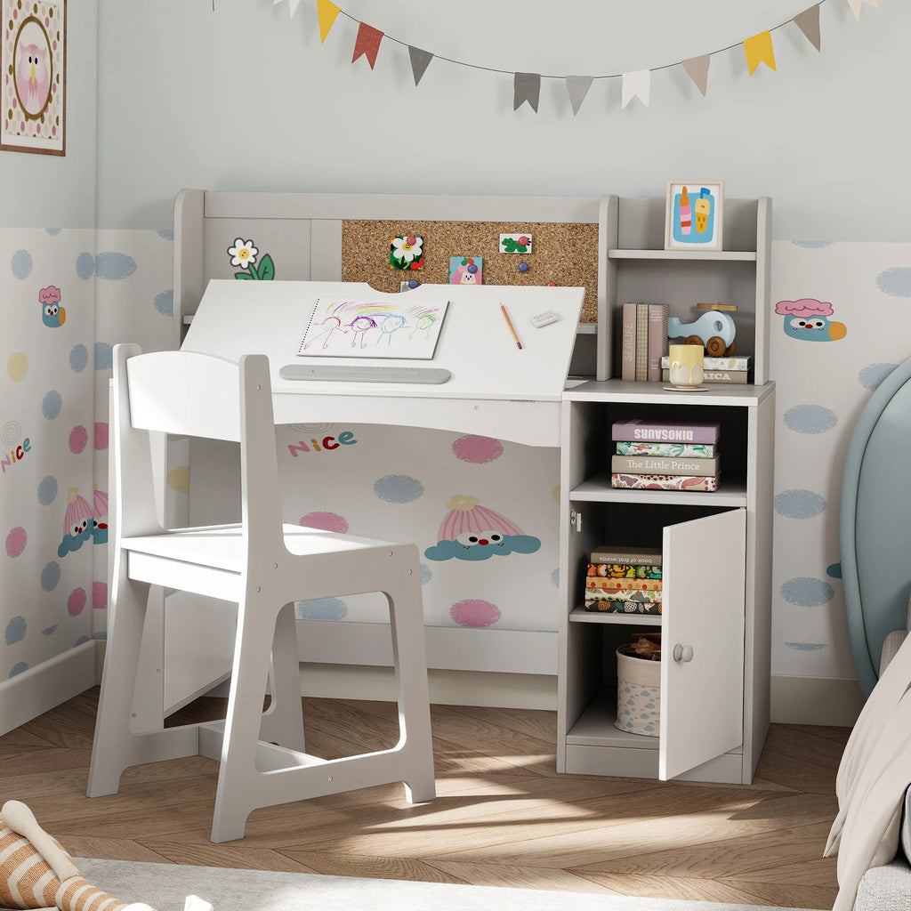 Reasea Kids Study Desk and Chair Set with Tiltable Desktop, Hutch & Storage - Wooden Writing Table for Ages 5-12, Grey