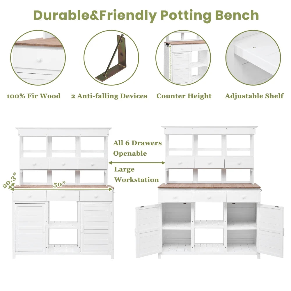 Rustic 65.7'' Tall Garden Potting Bench Table with Hutch, 3 Shelves, 6 Drawers, 2 Cabinets & 3 Side Hooks for Mudroom, Patio, 3 Color