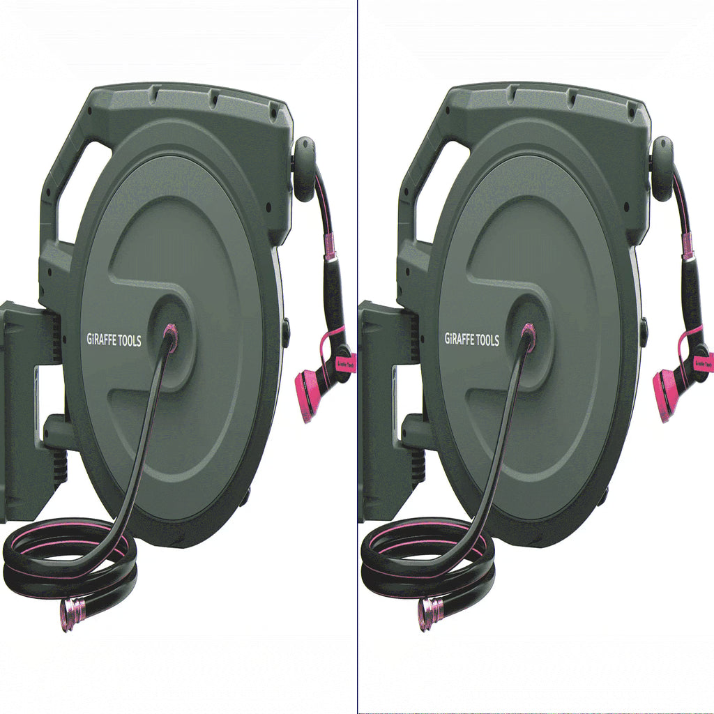 Giraffe Tools Retractable Garden Hose Reel with 1/2in-100ft Water Hose, Plastic Bracket, Wall Mounted, Dark Grey
