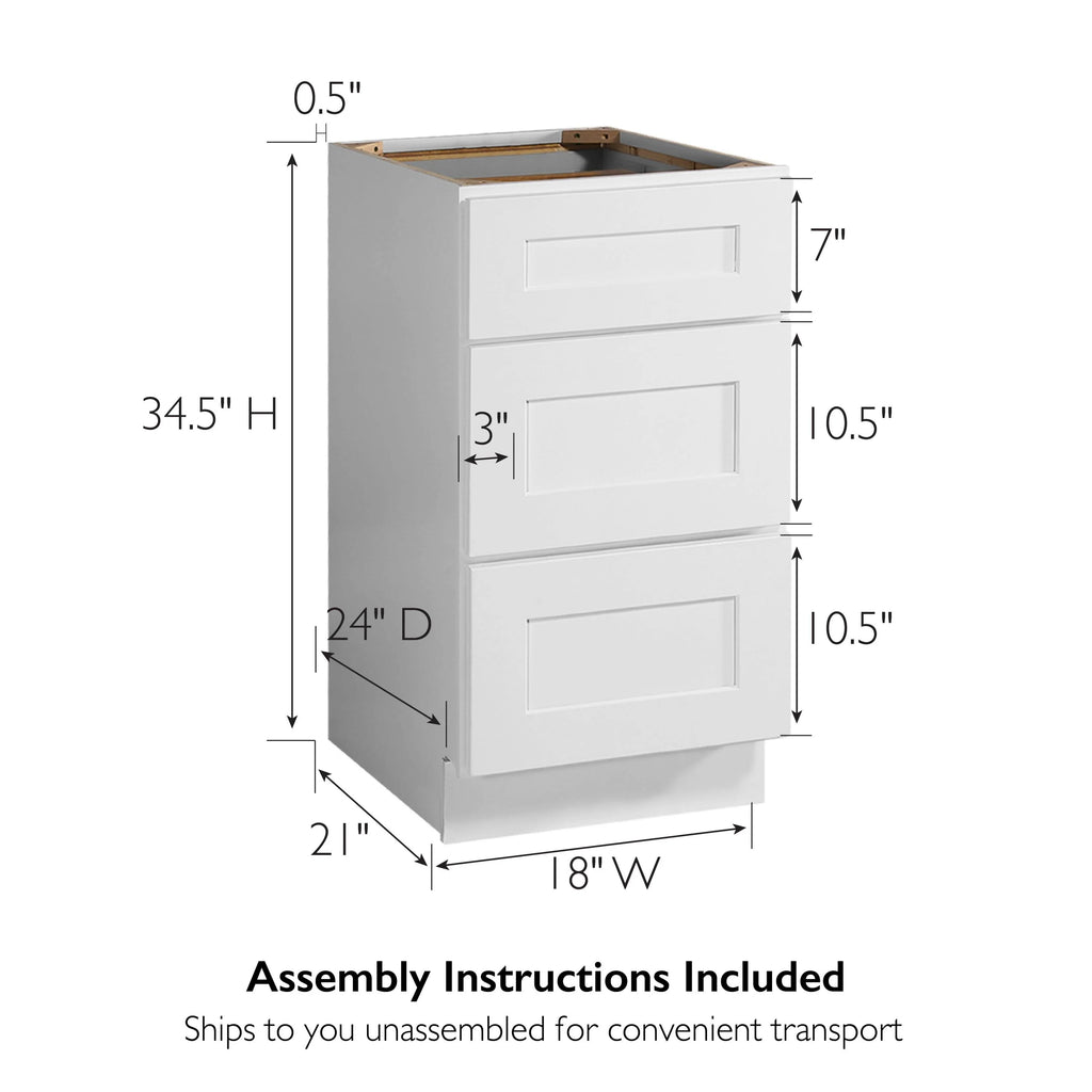Design House 561464 Brookings Unassembled Shaker Drawer Base Kitchen Cabinet 18x34.5x24, White