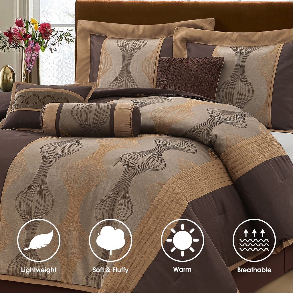 Lanco Elegant Black and Gold Comforter Set,Striped, 7 Pieces Jacquard Bedding Sets with Comforter for All Season, Bed Skirt, Pillows & Shams, Queen Size, Lightweight Microfiber