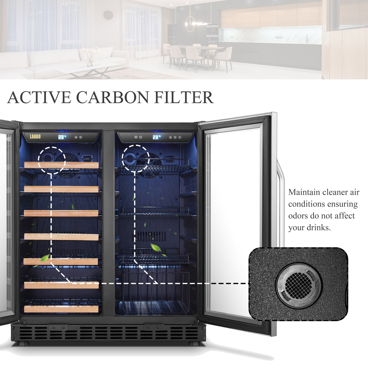 Lanbo 76 Can 31 Bottle Under Counter Dual Zone Wine Refrigerator and Beverage Cooler 30 inch Width