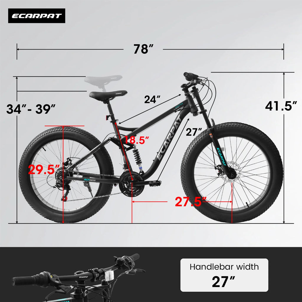 26 in Men's Fat Tire Bike,Shimano 21-Speed,Full Suspension Mountain Bike,Black