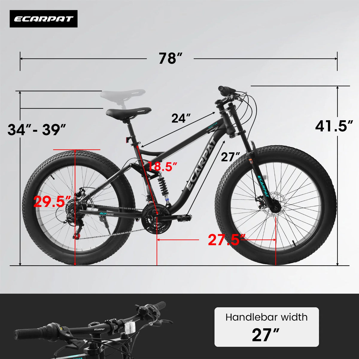 26 in Men's Fat Tire Bike,Shimano 21-Speed,Full Suspension Mountain Bike,Black