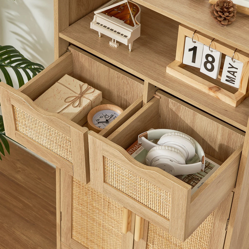 FANGSUM Rattan Storage Cabinet with 2 Drawers & 2 Shelves, Floor Cabinet for Living Room