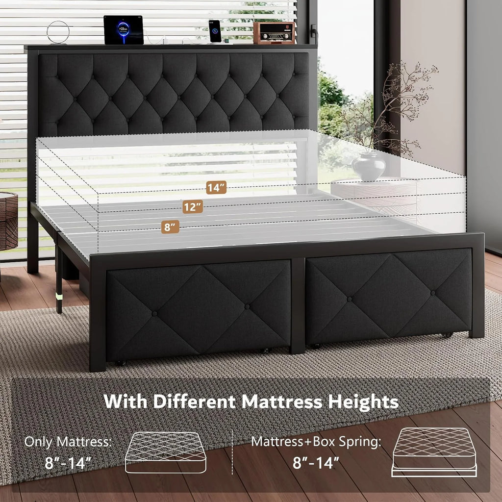 iPormis Full Bed Frame with 2 Drawers, Metal Platform Bed with Charging Station and Linen Fabric Storage Headboard Strong Metal Slats Black,Gray
