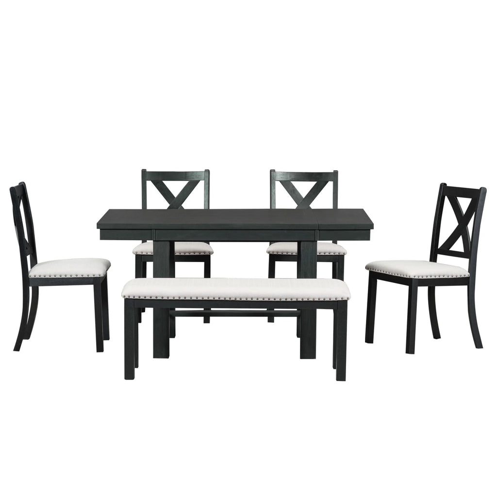 MODERNLUXE 82"Farmhouse 6PCS Dining Table Sets for 6,Solid Wood Dining Table Set with Extendable Table with Footrest and Two 11"Removable Leaf,4 Upholstered Chairs and Longer Upholstered Bench