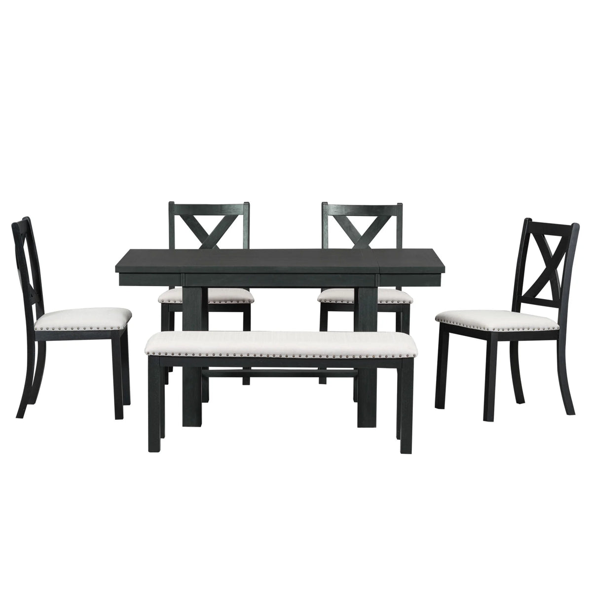 MODERNLUXE 82"Farmhouse 6PCS Dining Table Sets for 6,Solid Wood Dining Table Set with Extendable Table with Footrest and Two 11"Removable Leaf,4 Upholstered Chairs and Longer Upholstered Bench