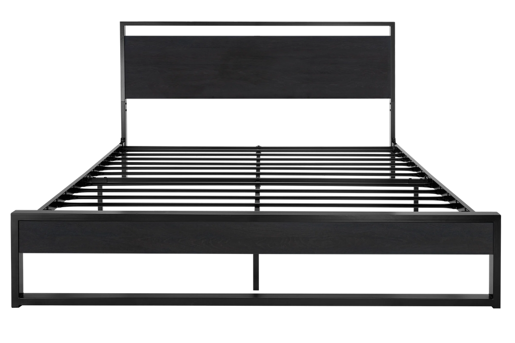 Einfach Full Size Bed Frame with Modern Wooden Headboard,Black,No Box Spring Needed