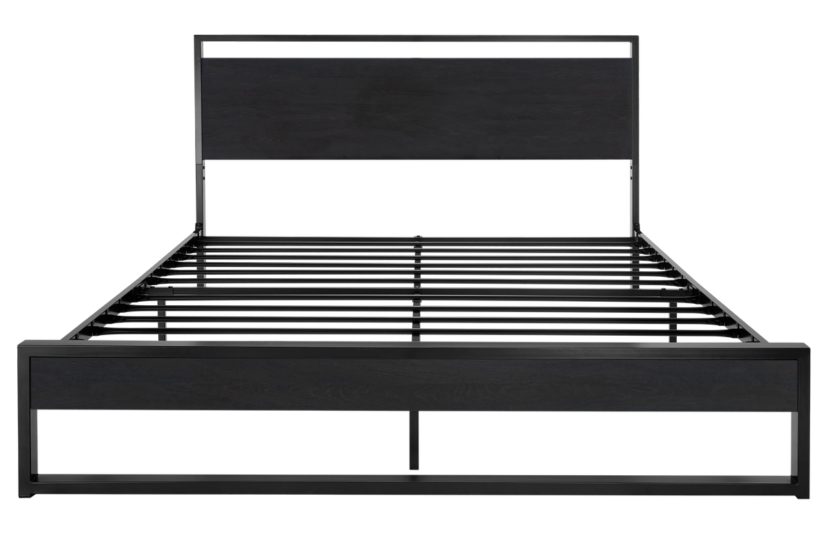 Einfach Full Size Bed Frame with Modern Wooden Headboard,Black,No Box Spring Needed