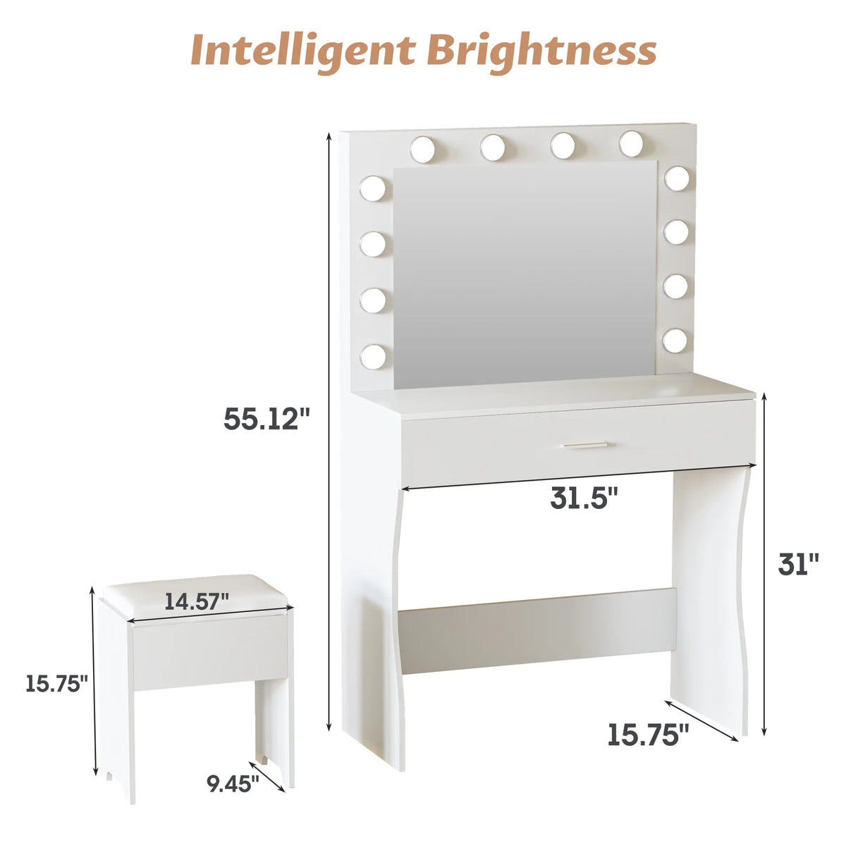 Vanity Table Set with Lighted Mirror,Makeup Vanity with Lights, Large Drawer Sturdy Wood Vanity, White