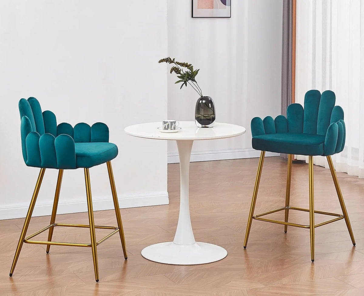 Guyou 26" Height Bar Stool Set of 2, Upholstered Velvet Counter Height Bar Stools with Finger Shaped Backrest and Metal Legs for Kitchen Island Bar Restaurant, Teal