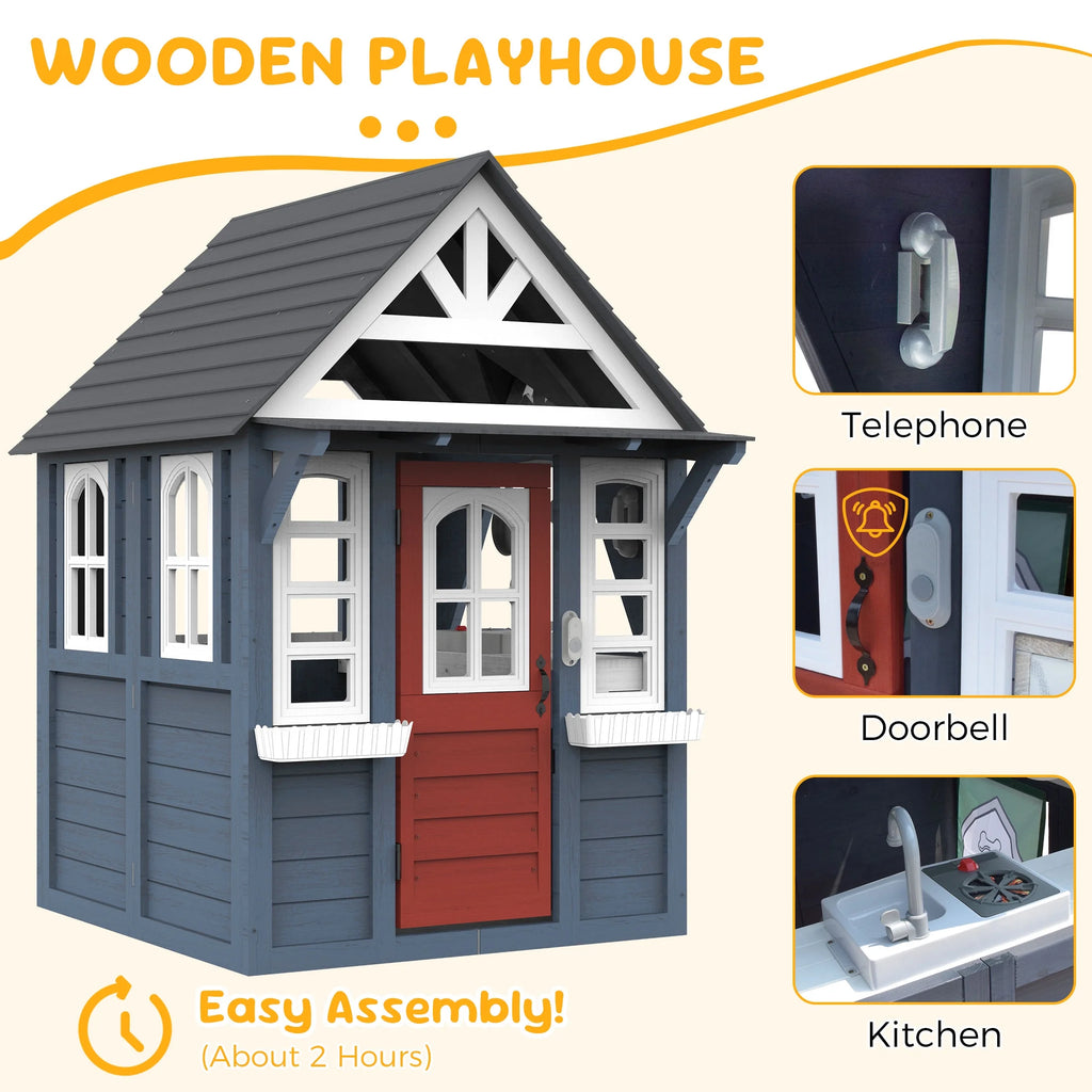 COCLUB Outdoor Playhouse for Kids Ages 4-8, Wooden Play House with Doorbell, Phone, Kitchen Toys, Outdoor Kids Play Equipment, Casa Para Niñas (45”L x 65”H), White & Black