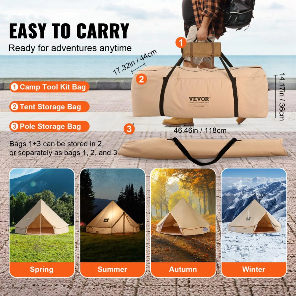 12-Person Waterproof Canvas Glamping Bell Tent with Stove Jack, Detachable Side Wall, Ideal for Family Camping (23'x23'x137, Diameter 7M)