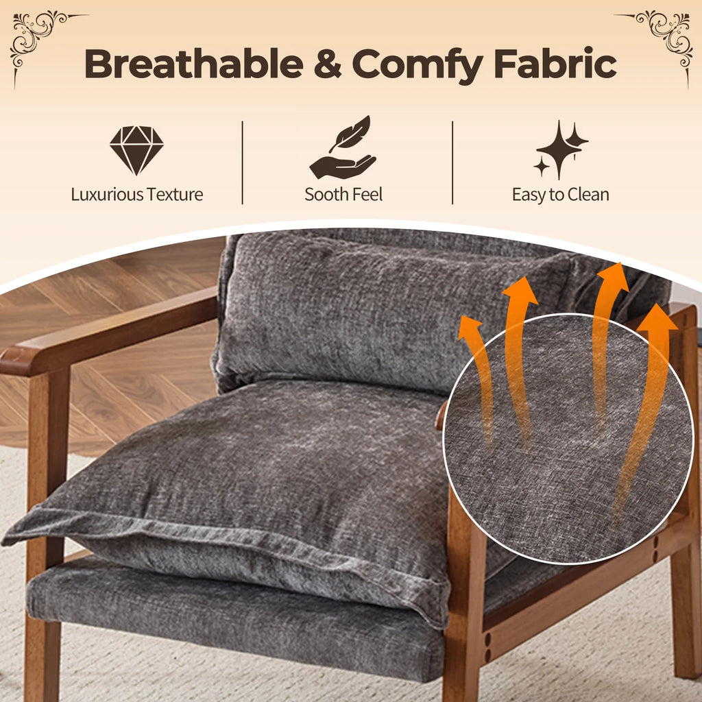 Ktaxon Chenille Accent Chair, Solid Wood Armrests Armchair, Metal Frame for Stability, Single Sofa with Comfortable Cushions and Lumbar Pillow Beige