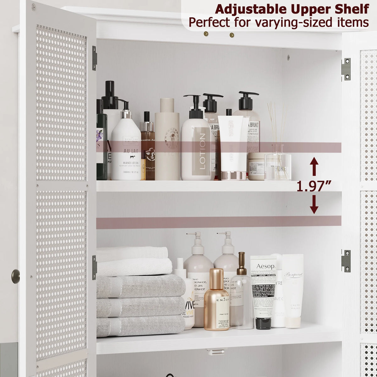 Homfa Bathroom Cabinet with Rattan Doors, Rattan Linen Storage Cabinet with 2 Drawers, Oak