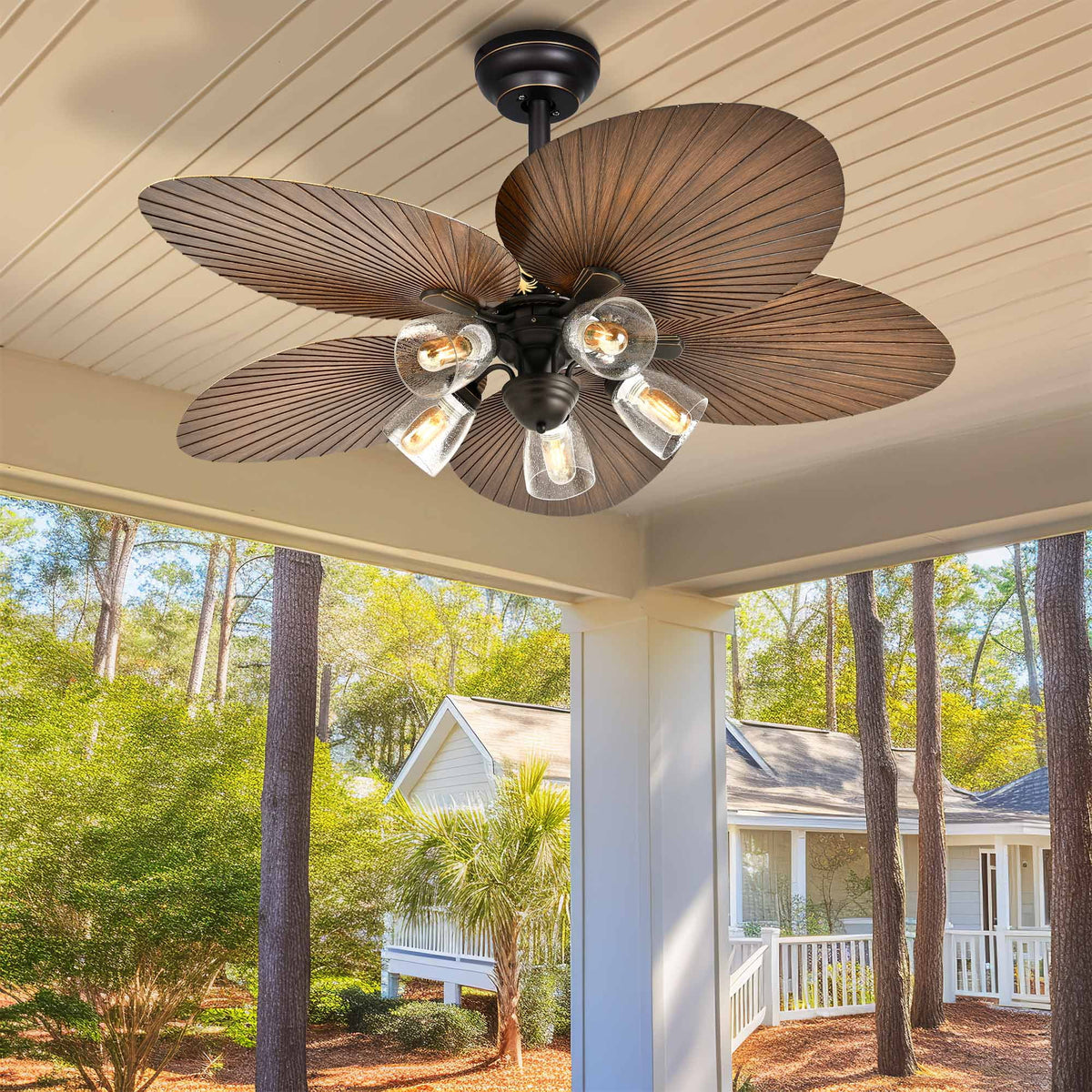 52 Inch Tropical Ceiling Fans with Light and Remote, Fan Light with Memory Function, 3 Speed & Lights Colors Changing, Outdoor Palm Leaf Fan - Brown