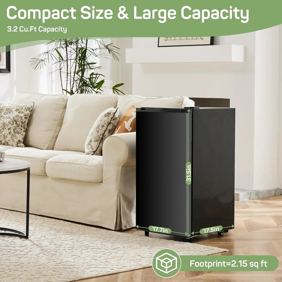 Mini Fridge for Bedroom 3.2 Cu.Ft Small Refrigerator with Freezer for Dorm Office, Compact Single Door Adjustable Thermostat Low Noise,Black