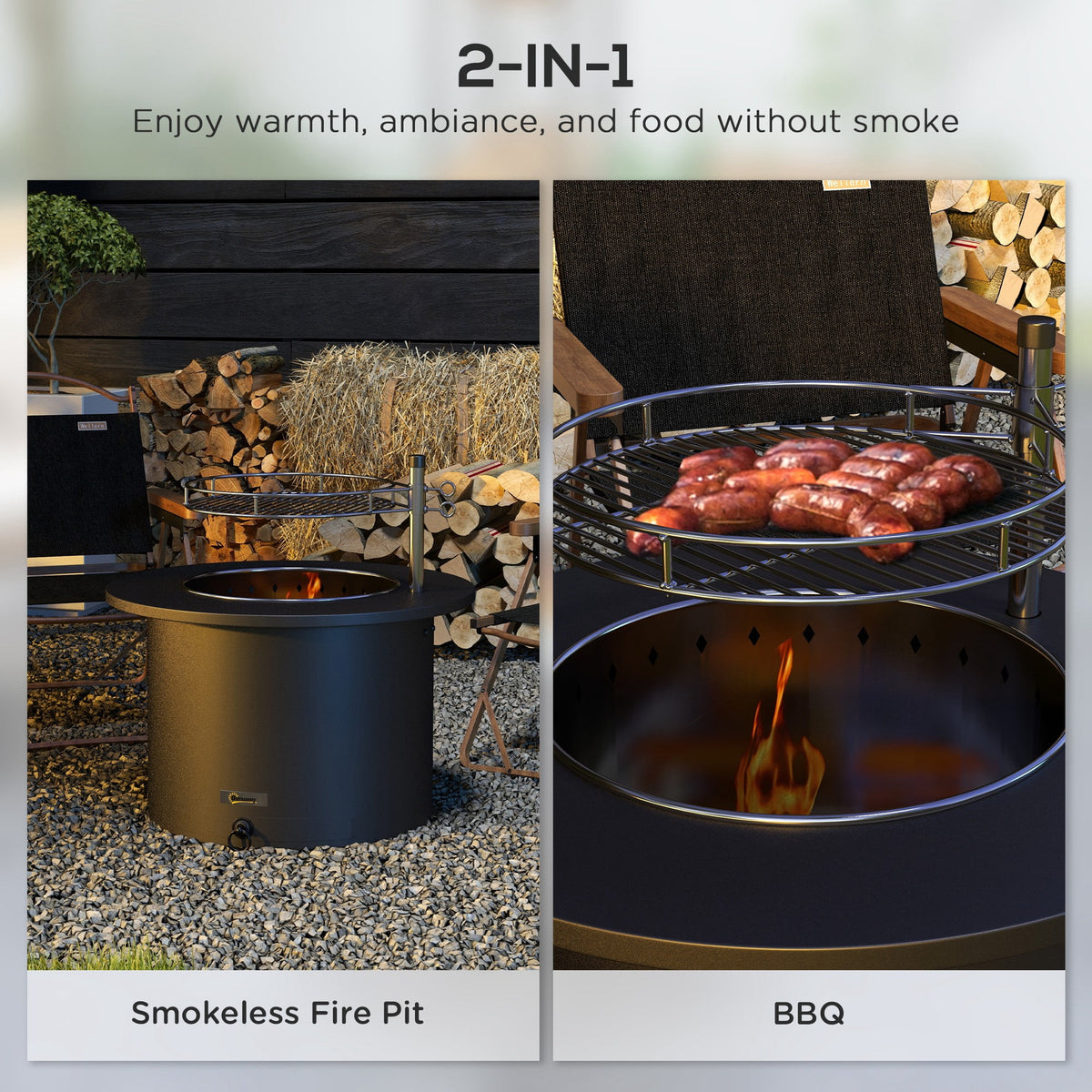 Outsunny 25" Smokeless Fire Pit, 2-in-1 Stainless Steel Firepit with Grill, Portable Wood Burning Fireplace with Poker and Ash Tray, Black