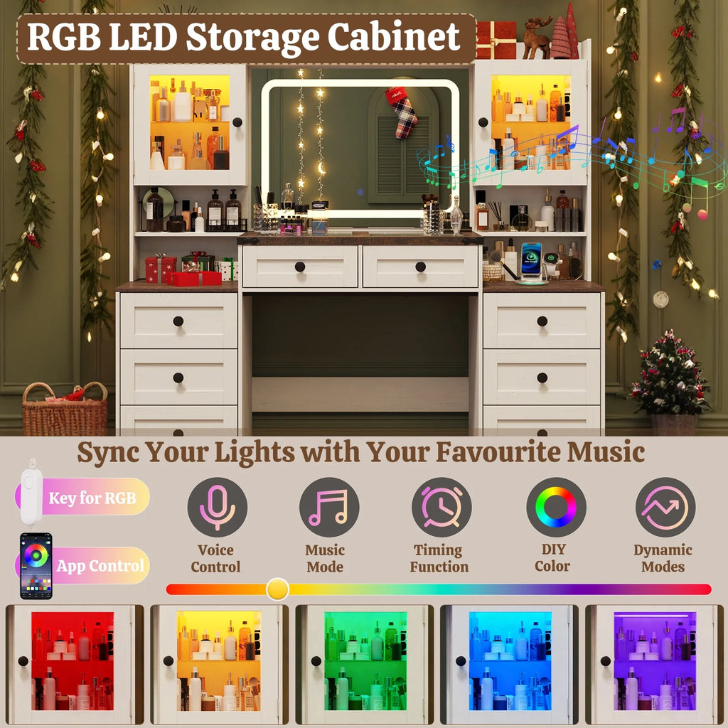 ANPOO 60" Farmhouse Vanity Desk with Outlet, Mirror Lights, Tempered Glass Top, Big Makeup Vanity Table with 2 RGB Glass Cabinets, 60000-color LED Lights, Wood Makeup Desk for Women, Girls, Brown