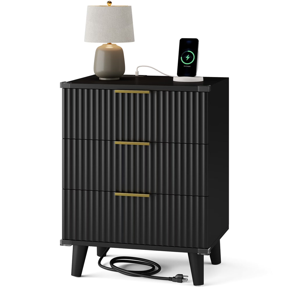 GIKPAL Night Stands for Bedroom, Modern Bedside Table with 3 Drawers & Charging Station,Fluted Panel End Tables for Bedroom  & Living Room, Natural